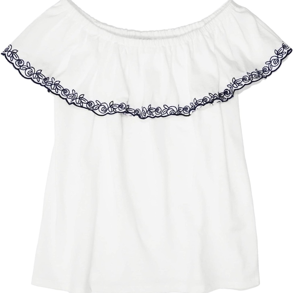 J. Crew Embroidered Off the Shoulder Ivory White Navy Top Medium - Picture 2 of 7